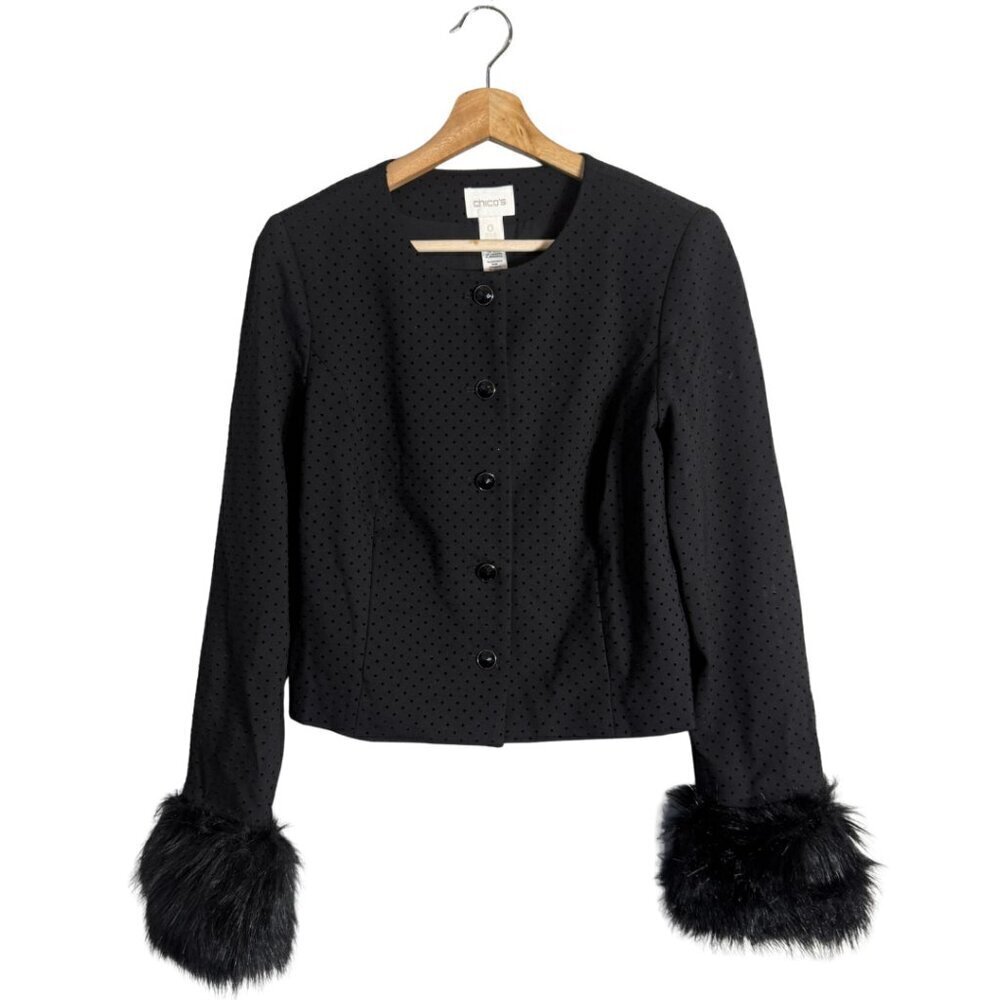 Chico's Polka Dot Blazer Jacket Faux Fur Cuffs Womens 0 Black Holiday Career NWT